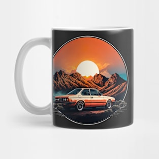 Vintage 70s retro classic car in mountain roads during sunset and sunrise Mug